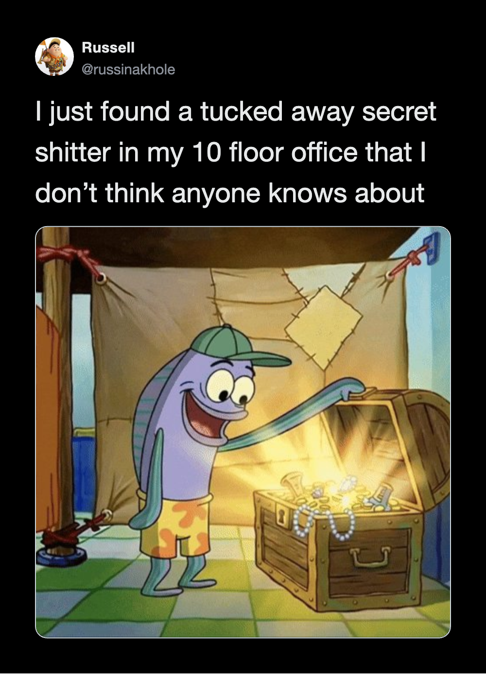 SpongeBob excitedly opens a treasure chest filled with jewelry in his office.