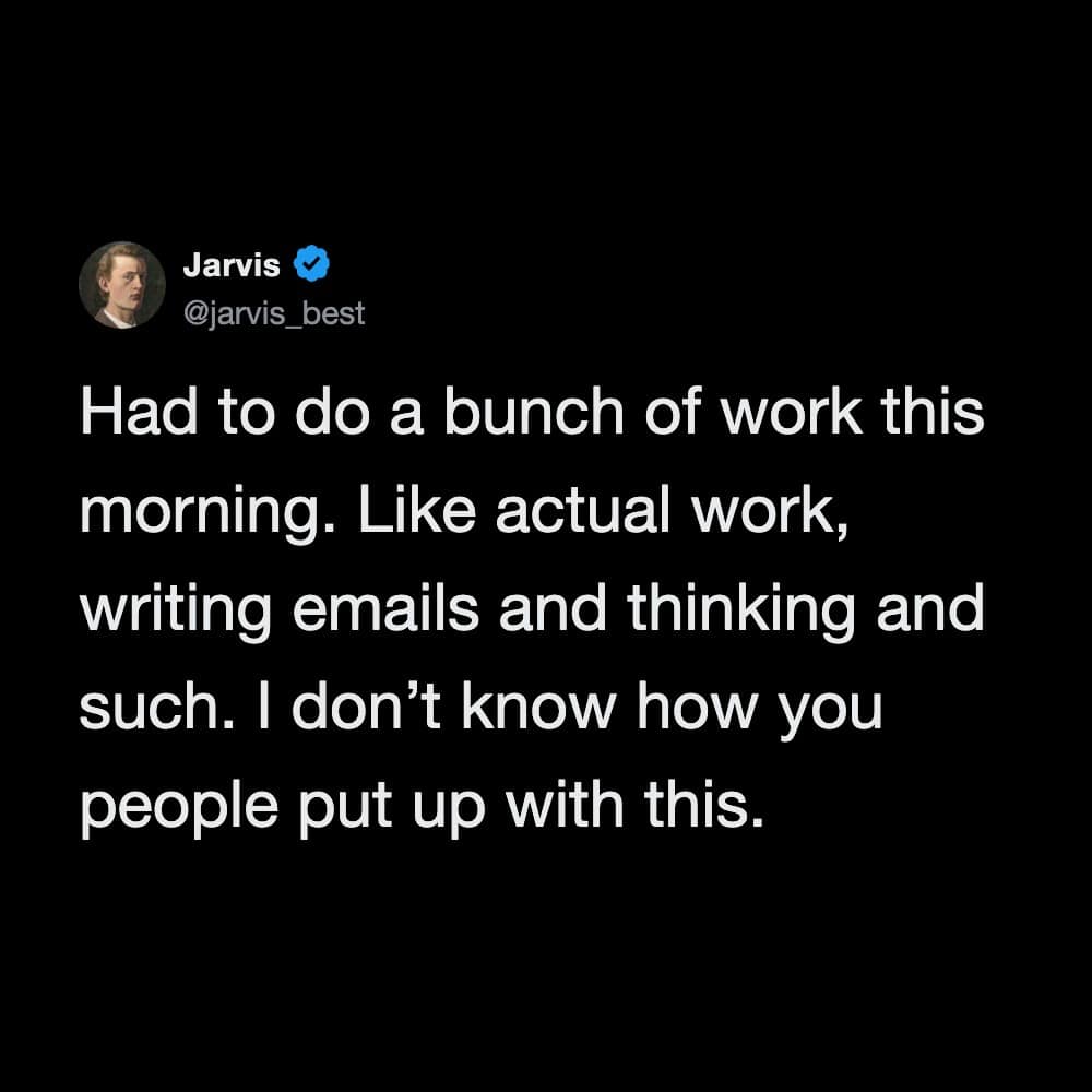 Twitter post by Jarvis about doing work and writing emails this morning.