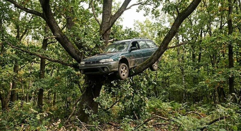 Car stuck in a tree in a forest, with branches around it.