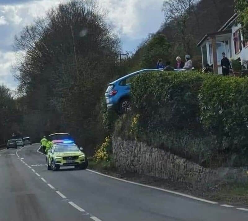 Car parked on a hedge above a road, with police and onlookers nearby.