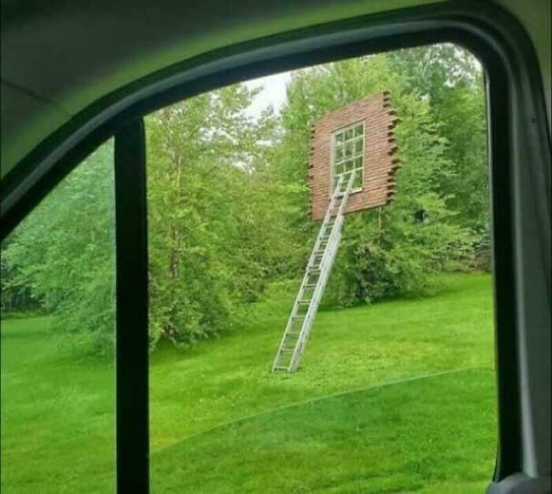 Ladder leaning against a small brick house in a green yard.