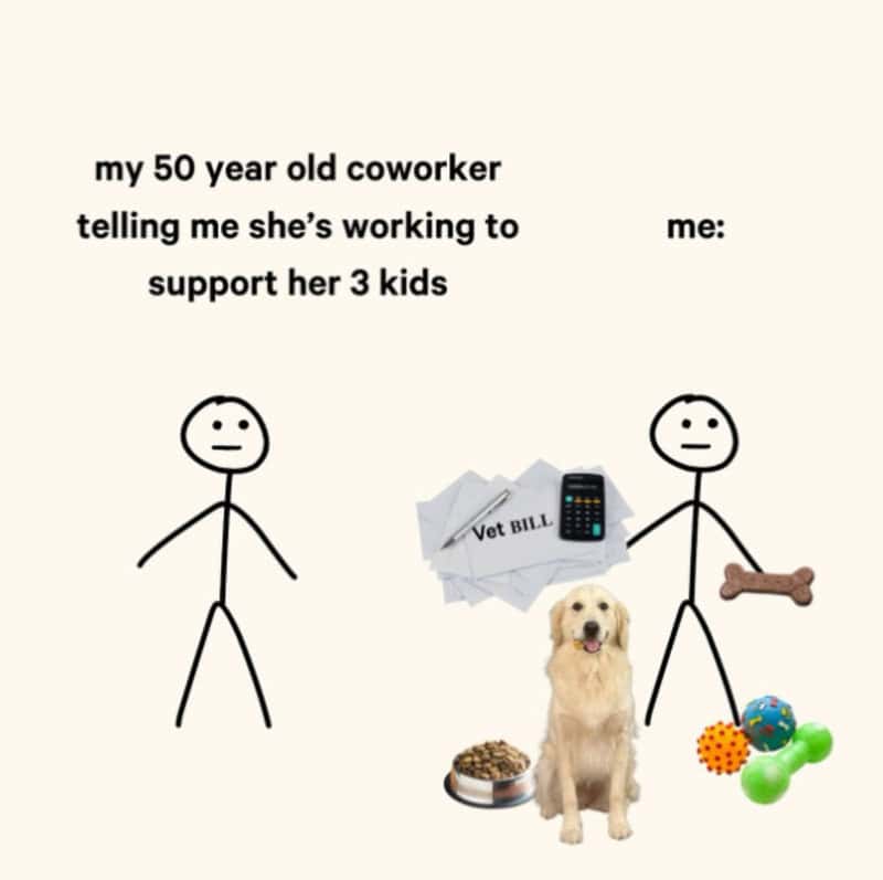 Stick figures with a dog, vet bills, and toys, supporting her 3 kids.
