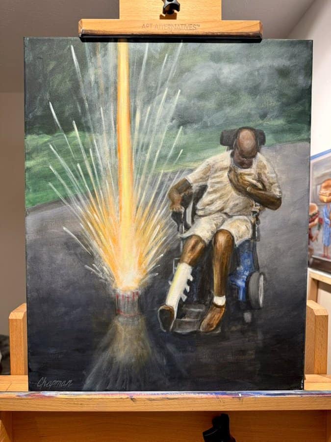 Painting of a person in a wheelchair being hit by a fiery explosion from a firework.