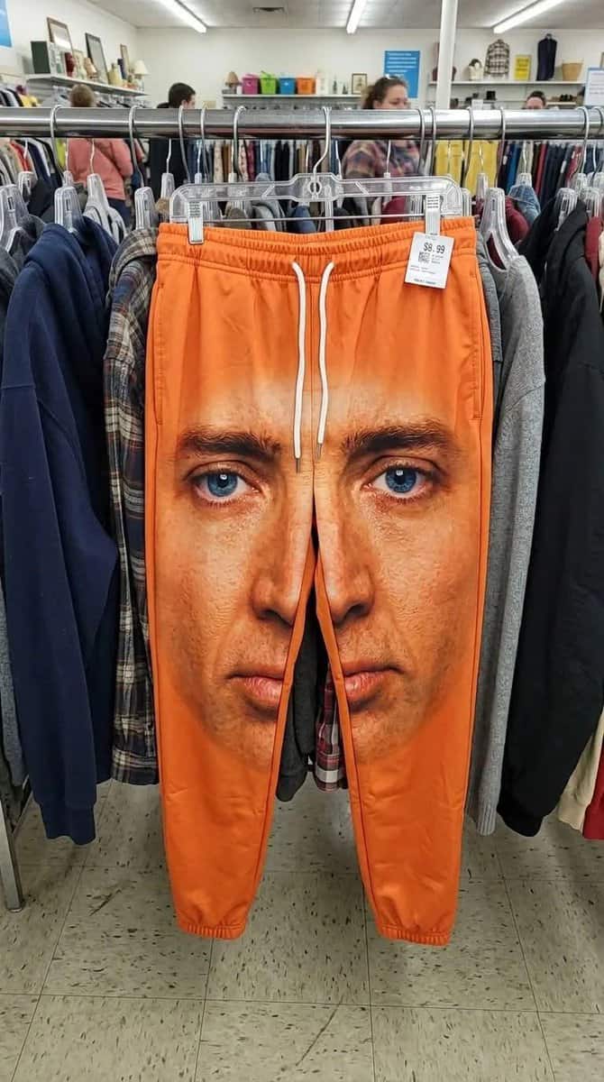 Pants with a large face print of a man's face on the front.