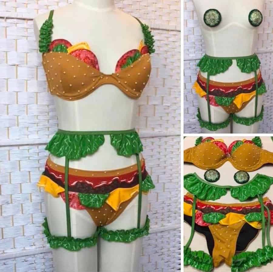 Bikini made of food items including burger patties, lettuce, tomatoes, and fries.