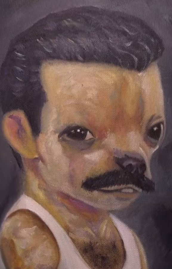 Painting of a man with a mustache, slicked-back hair, and a white tank top.