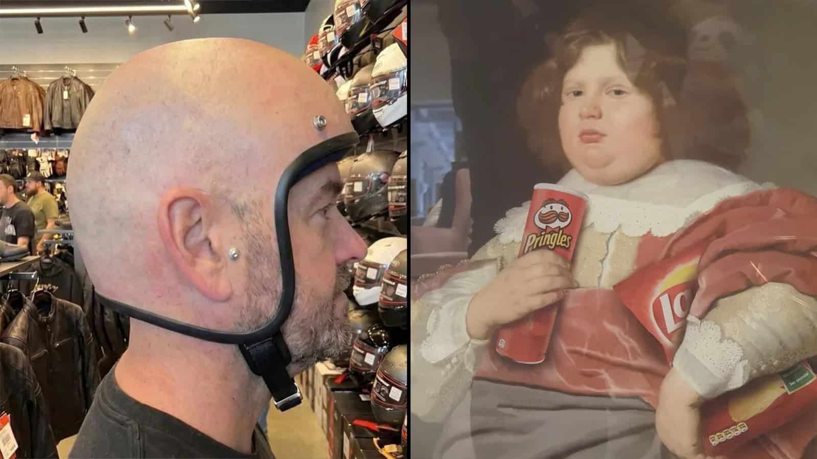 Side view of a bald man with a helmet in a store, looking at a painting of a girl with snacks.