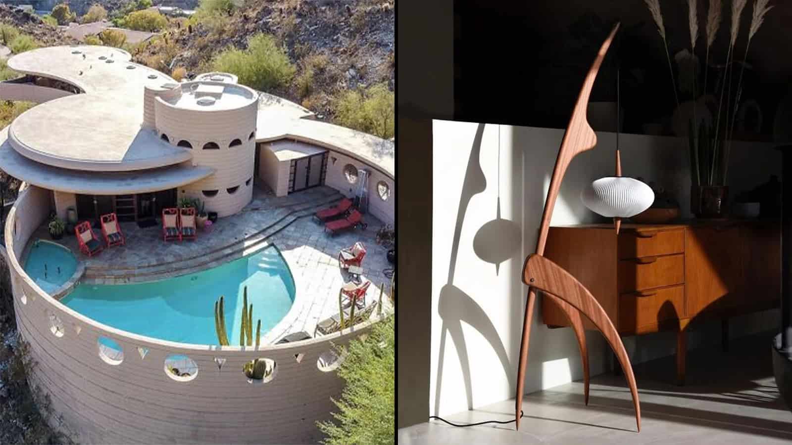 Aerial view of a modern house with a round pool and outdoor seating area.
