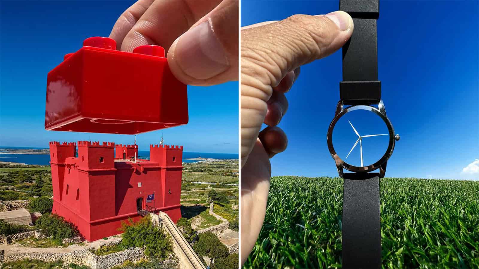 Two images showing creative forced perspective photos by Hugo Suíssas.