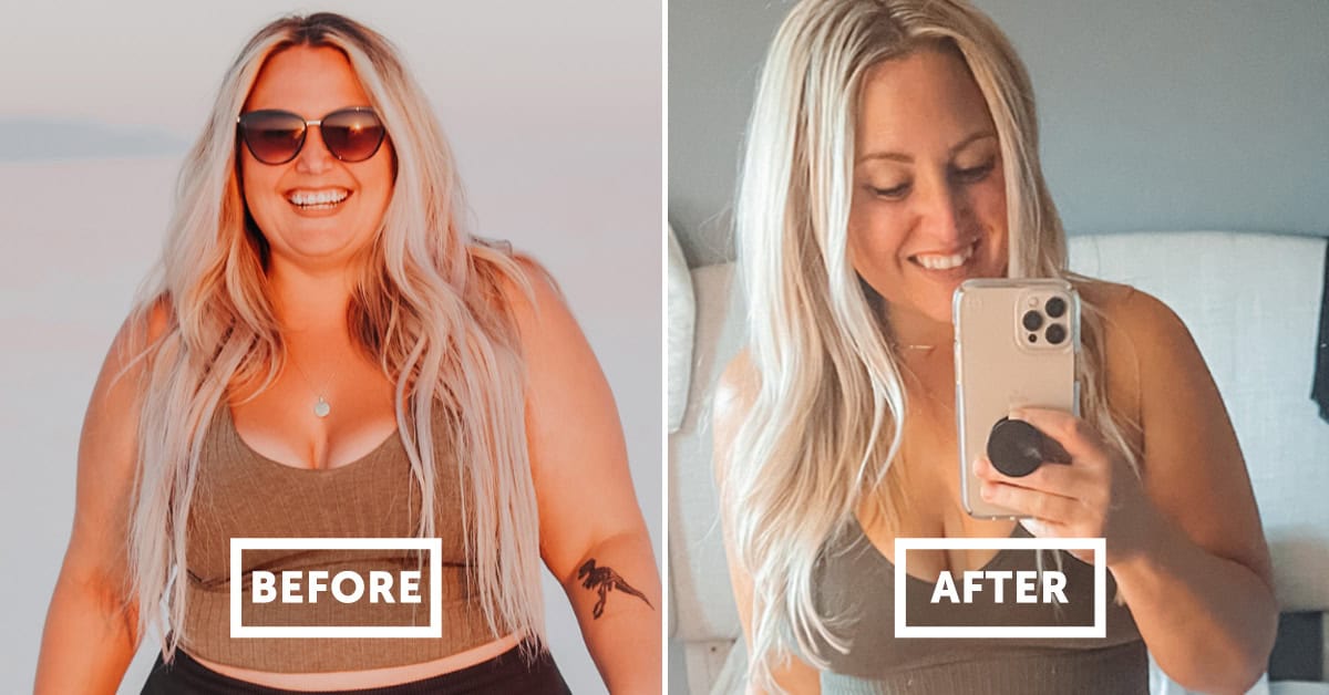 Before and after weight loss photos of a woman with long blonde hair, smiling in both images.