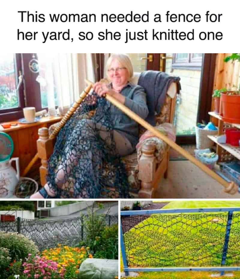Woman knitting a fence for her yard with a long stick, sitting on a wooden chair.