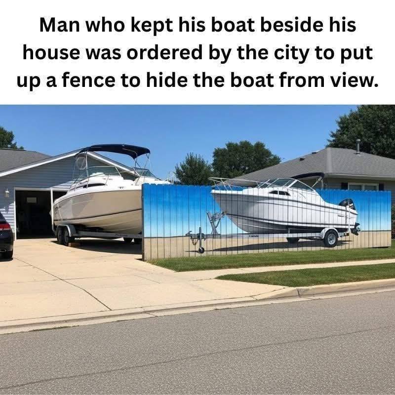 Man's boat hidden behind a fence, with a sign about the city order.