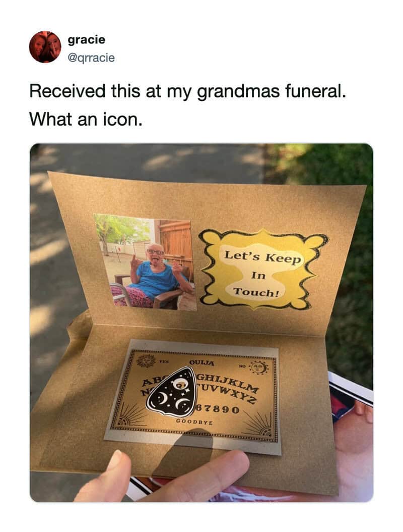 Funeral card with photo, Ouija board, and 'Let's Keep In Touch!' message.