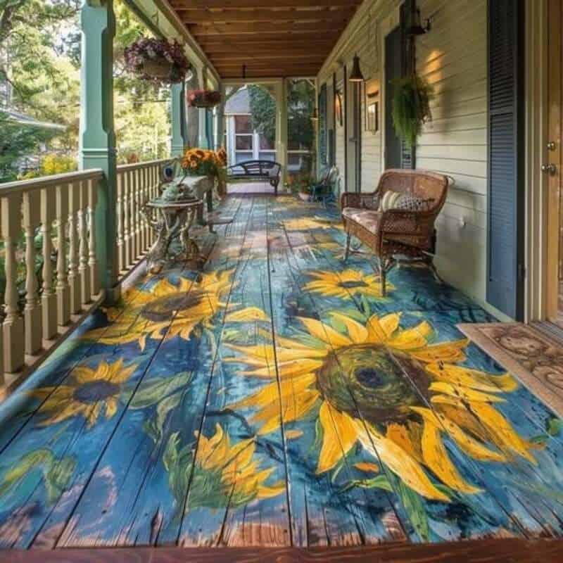 Colorful porch with sunflower-themed painted floor and outdoor furniture.