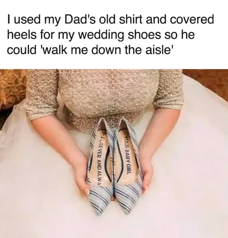 Person holding wedding shoes with a humorous note about covering heels with an old shirt.