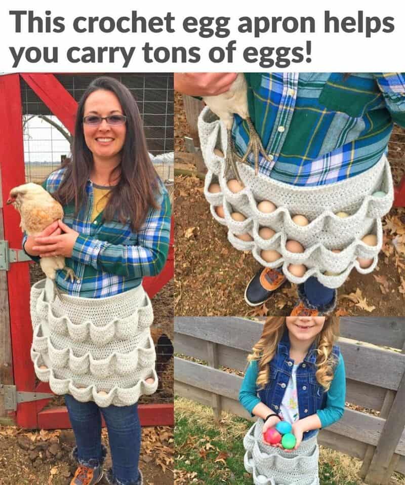 Woman wearing a crochet egg apron holding a chicken, with a child holding eggs in the pocket.