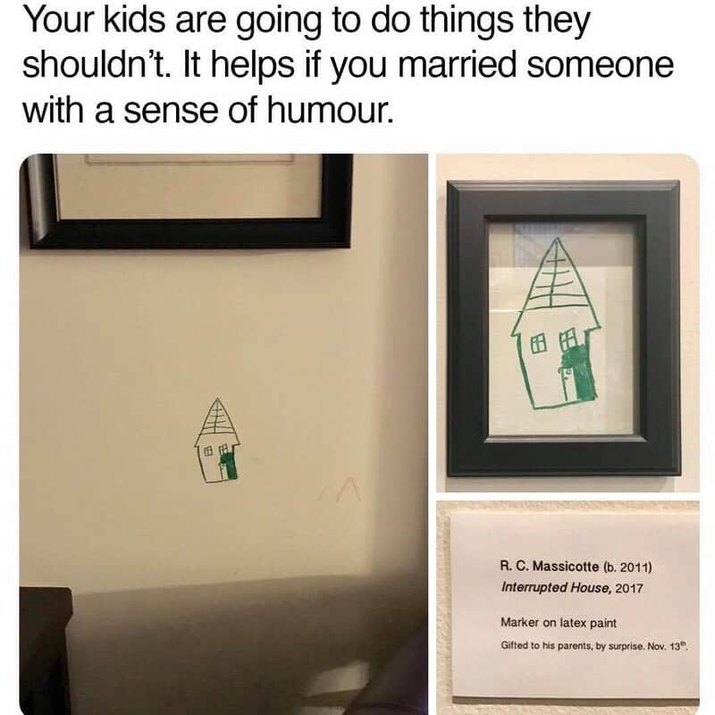 Child's drawing of a house with a frame and a description card.