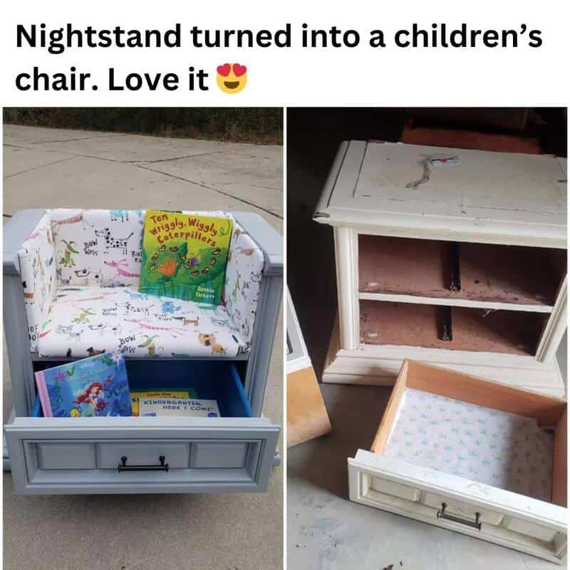 Nightstand turned into a children's chair and storage unit, with books inside.