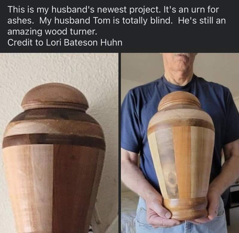 Wood urn crafted by Tom, a blind woodturner, with a smooth, polished finish.
