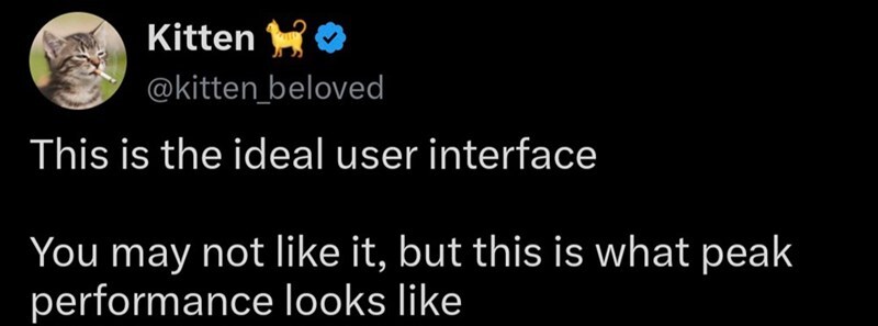 This is the ideal user interface. You may not like it, but this is what peak performance looks like.