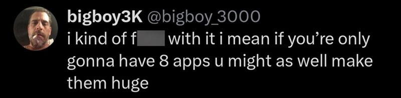 Twitter post by bigboy3K about app quantity and size.