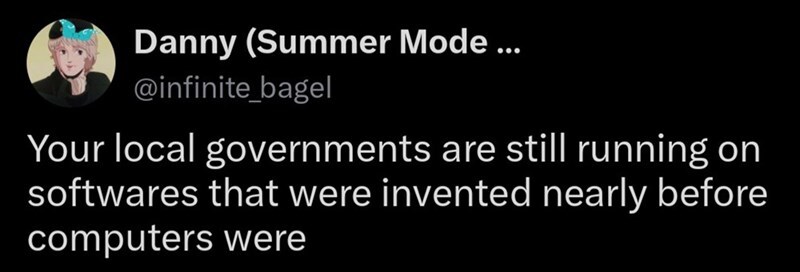 Screenshot of a tweet about outdated government software.