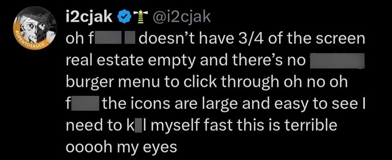 Screenshot of a tweet criticizing a digital interface with large icons and empty real estate.