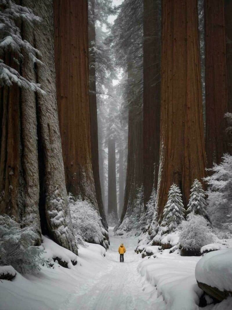 A person in a yellow jacket walking through a snowy forest with giant trees.