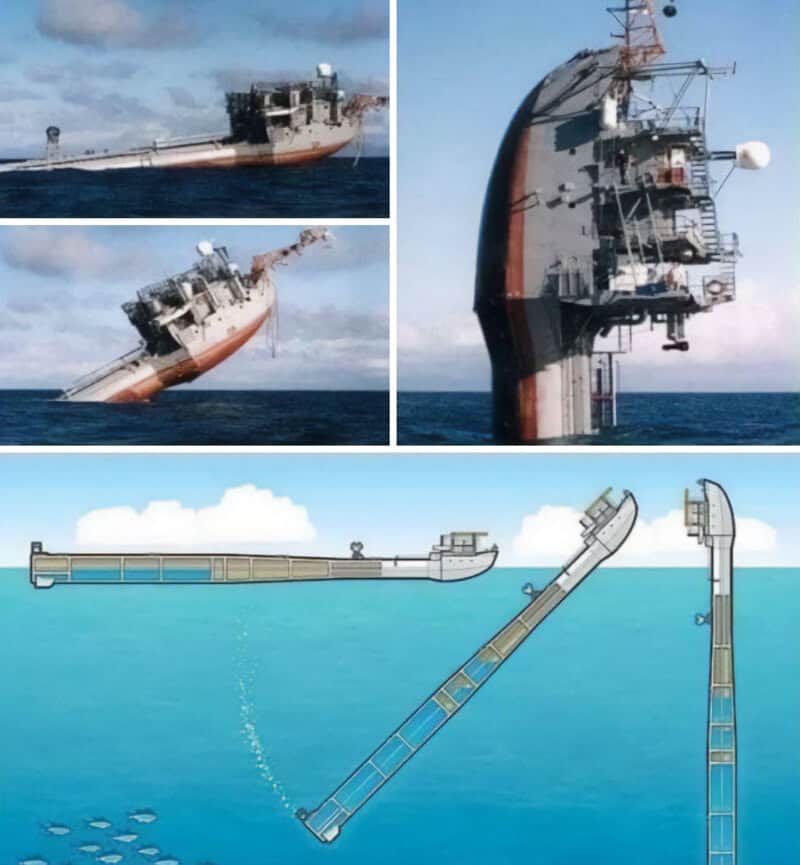 Images of a large ship tilting and sinking, with diagrams of its structure and damage.