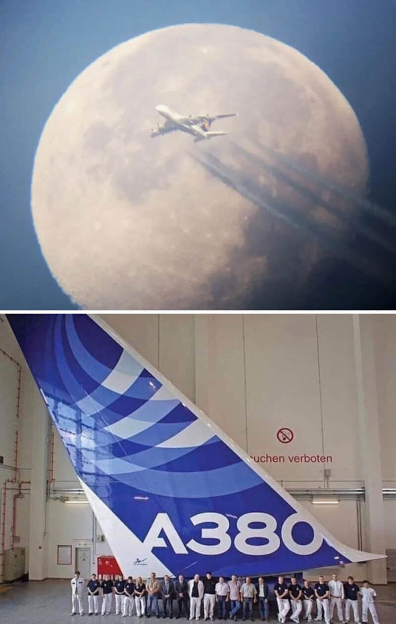 Airplane flying in front of the full moon with shadows on the moon's surface.