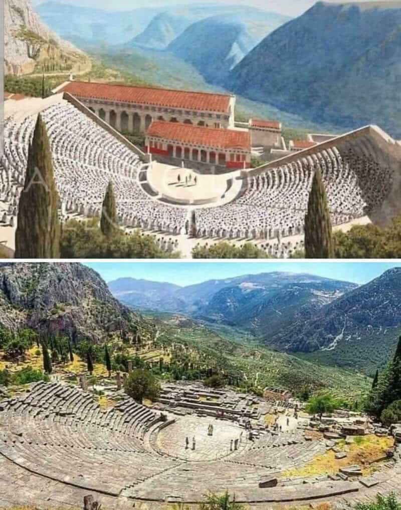Ancient amphitheater in a mountainous landscape with a large stage and tiered seating.