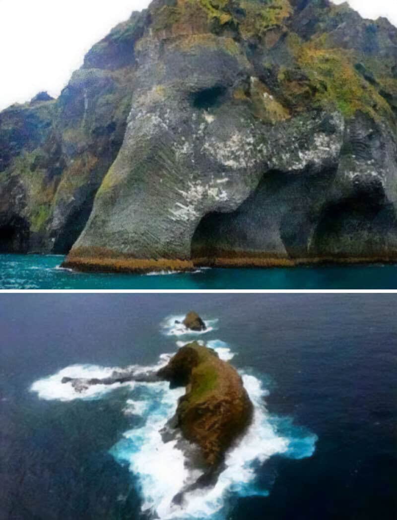 Large rock formation resembling a face with a mountain in the background.