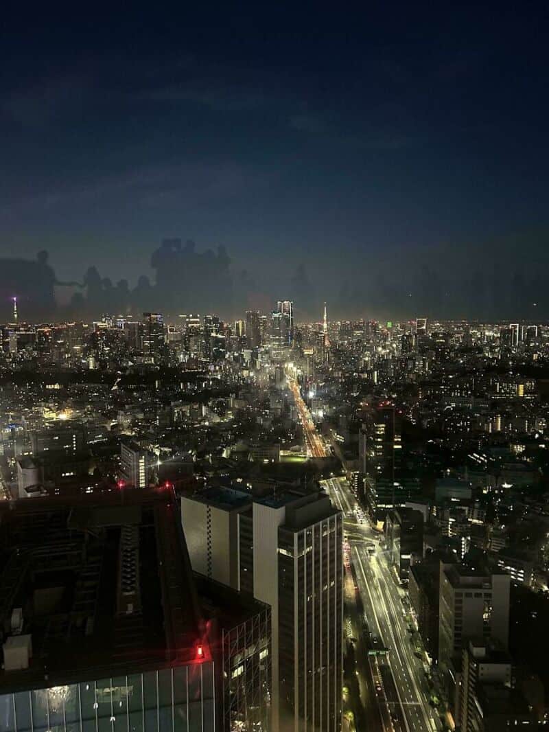 Night cityscape with tall buildings and illuminated streets under a dark sky.