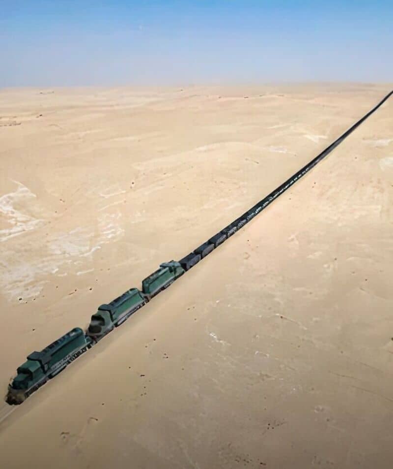 Long train of vehicles stretching across a vast desert landscape.