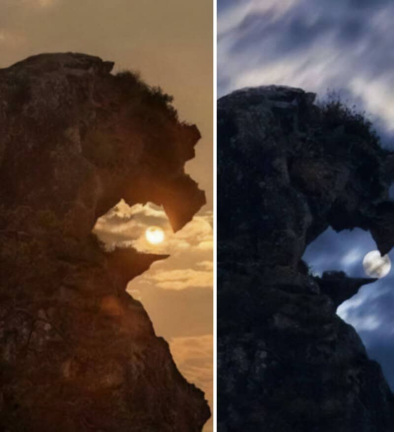 Large rock formation with a hole, moon visible through the hole, sunset and night sky.