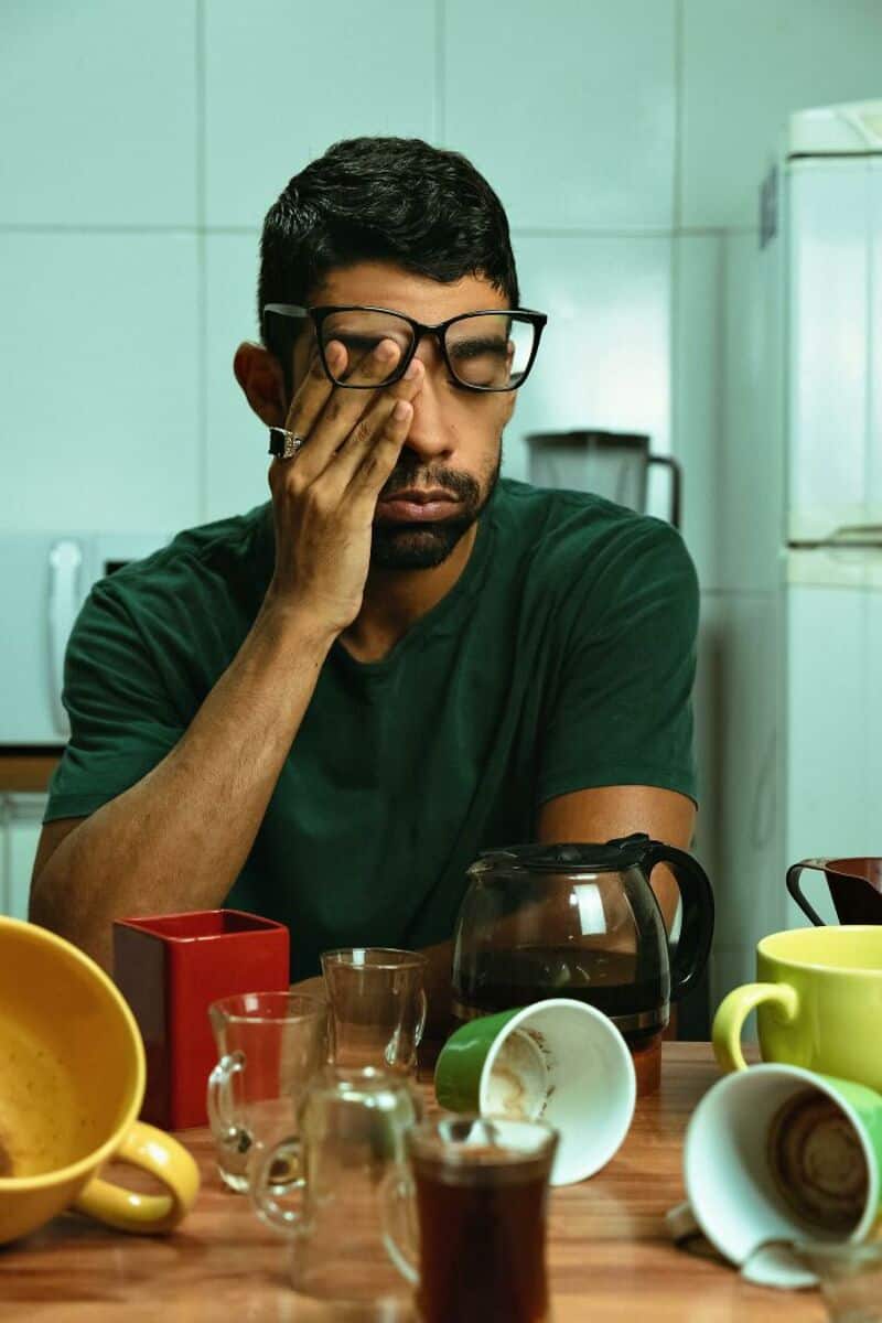 Man with glasses holding his face in a kitchen with broken cups and mugs.