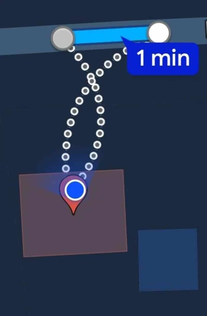 Navigation app showing a route with a 1-minute estimate to destination.