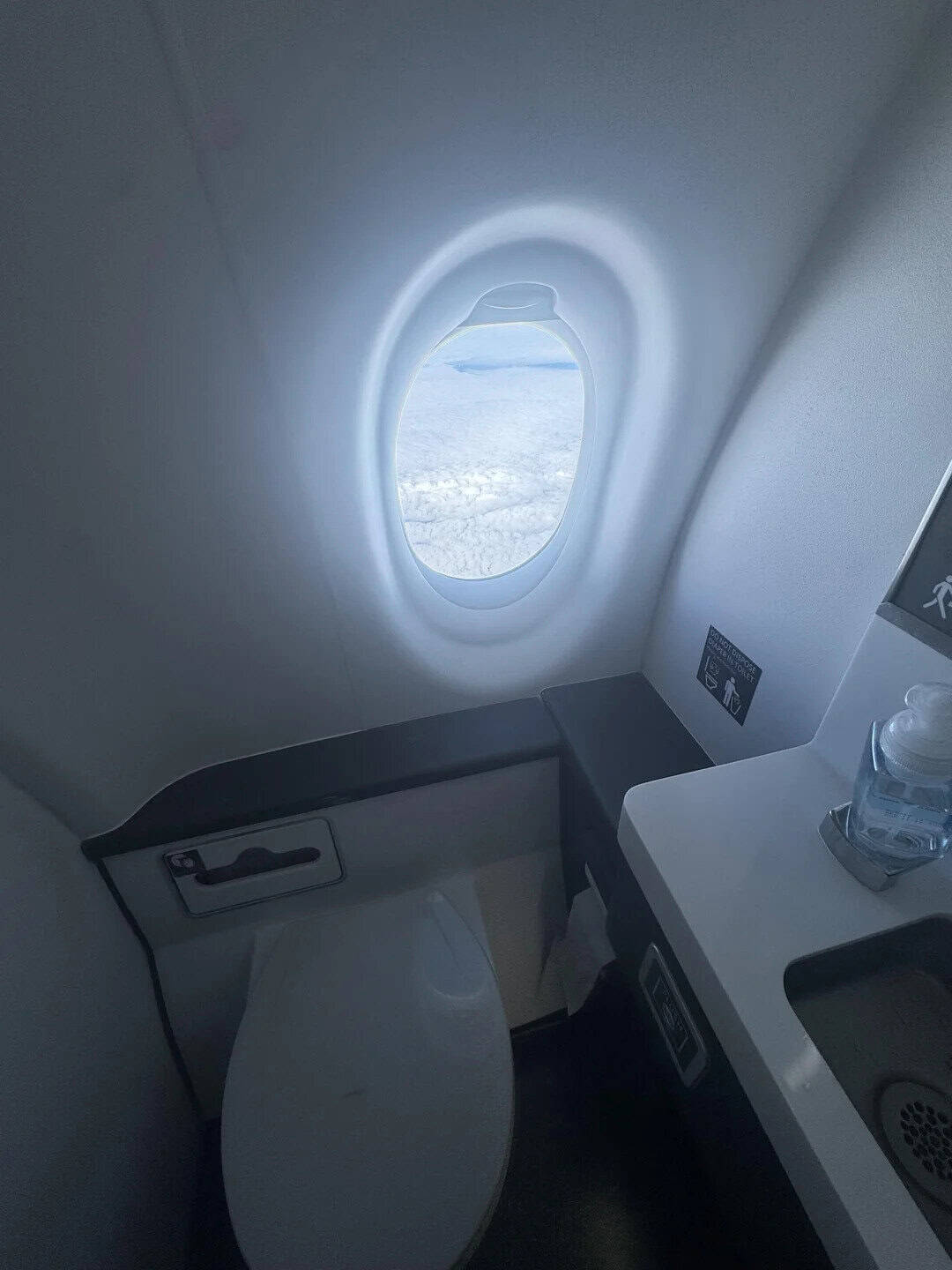 View of an airplane window showing clouds and sky, with a toilet and sink inside the plane.