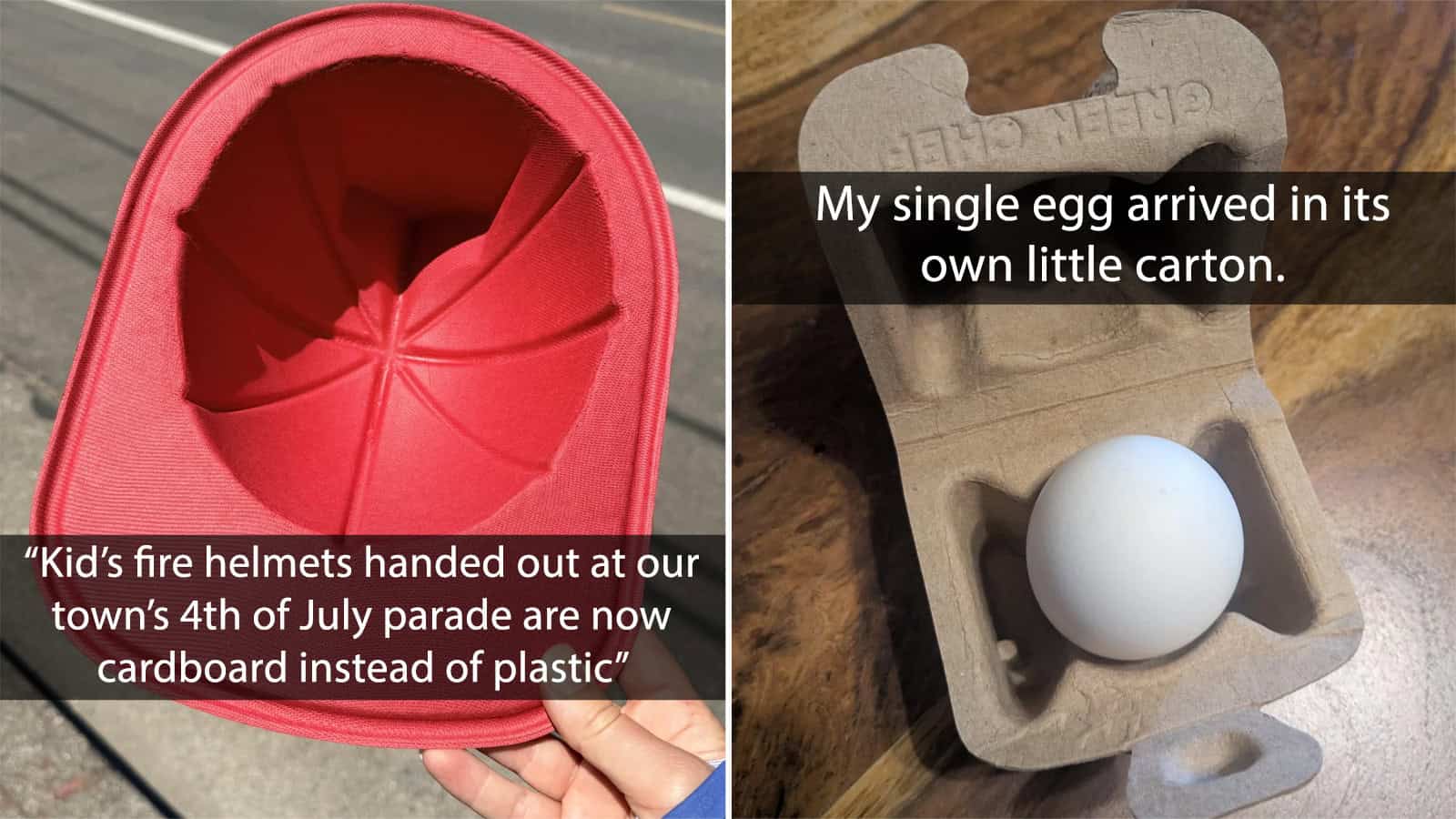 Kid's fire helmets and an egg in a cardboard carton.