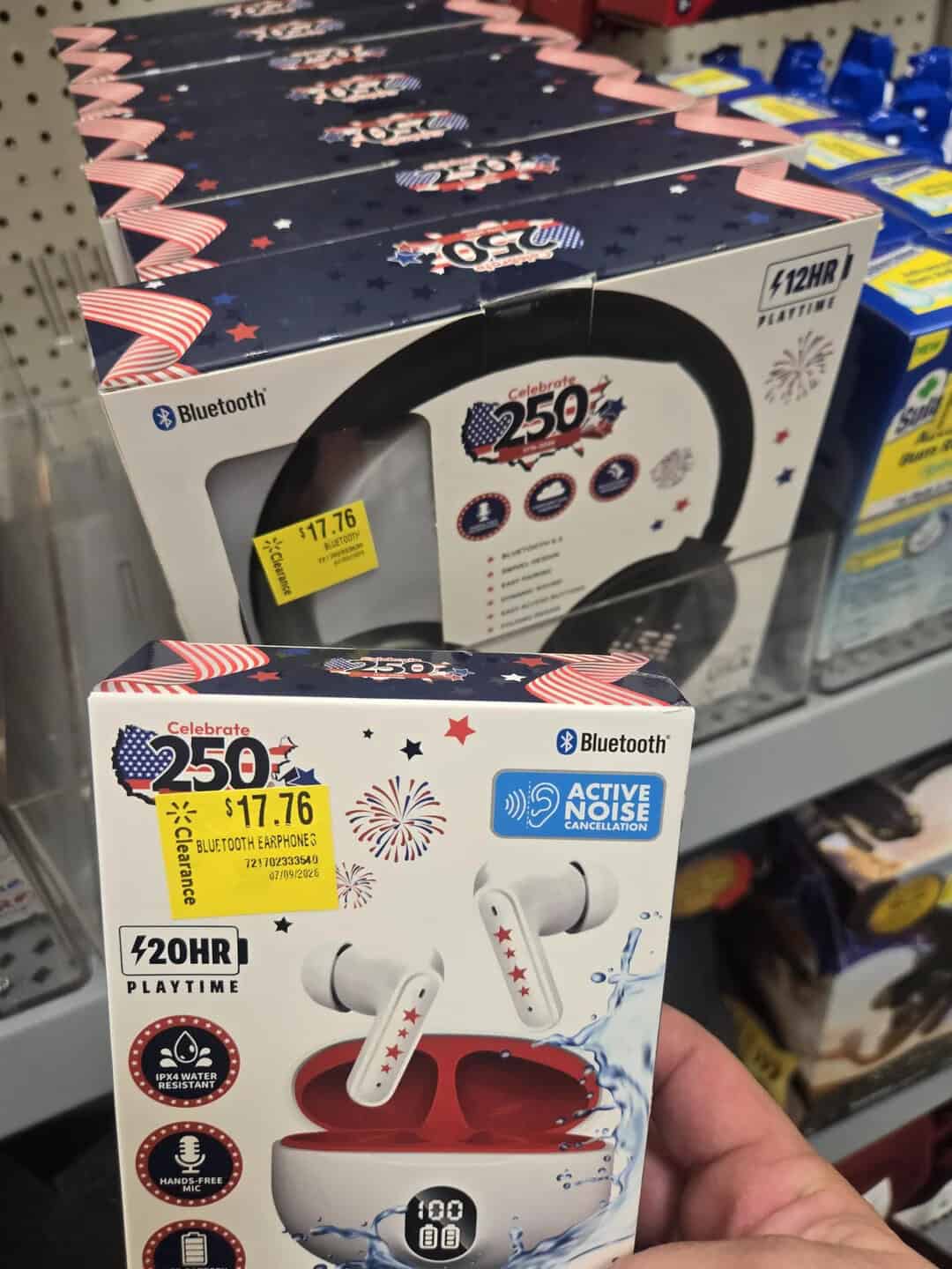 Celebrate 250th anniversary wireless Bluetooth earbuds in a box with patriotic design.