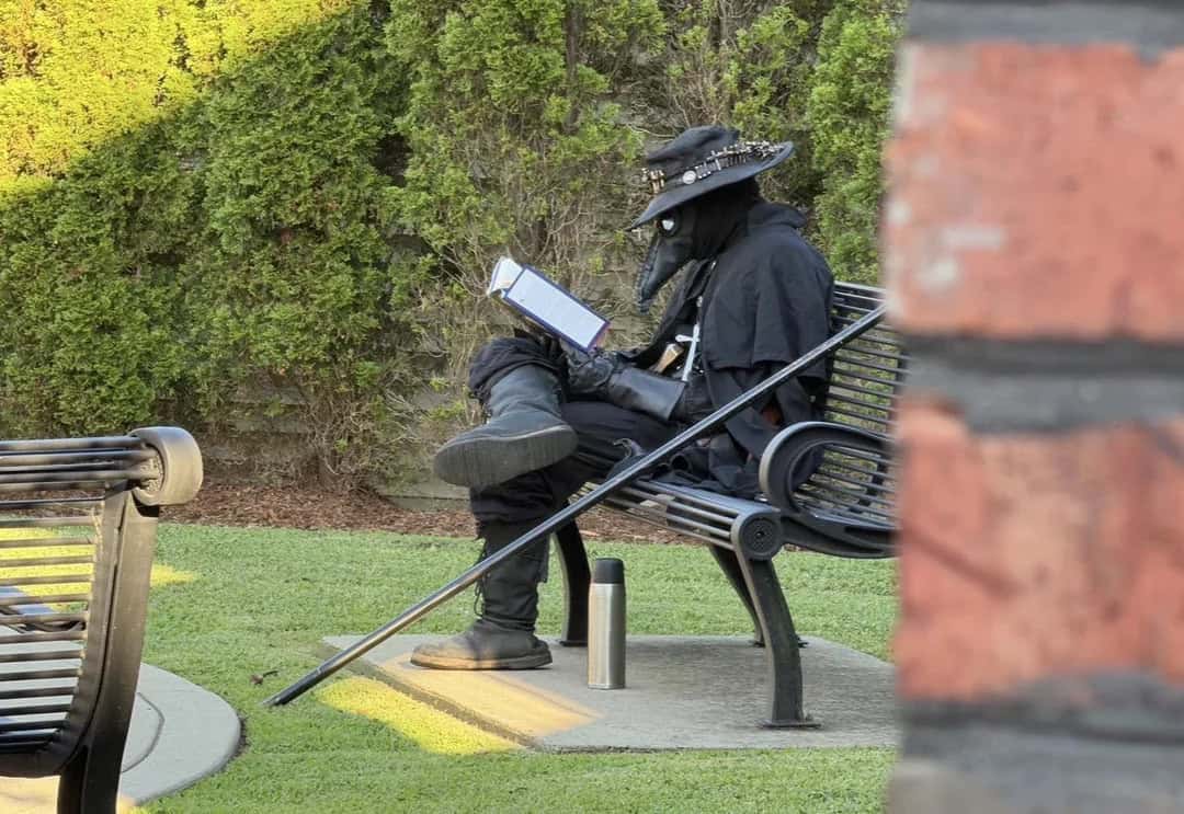 Person in black clothing and hat reading on park bench with cane nearby.
