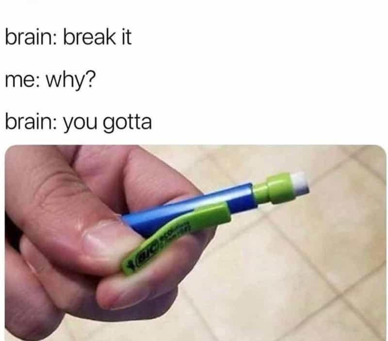 A hand holding a broken green and blue Crayola marker with a caption about the brain.
