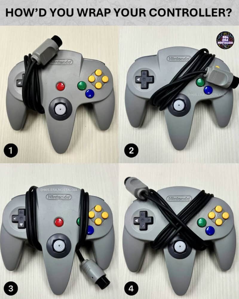 Four Nintendo 64 controllers wrapped differently with cables, labeled 1 to 4.
