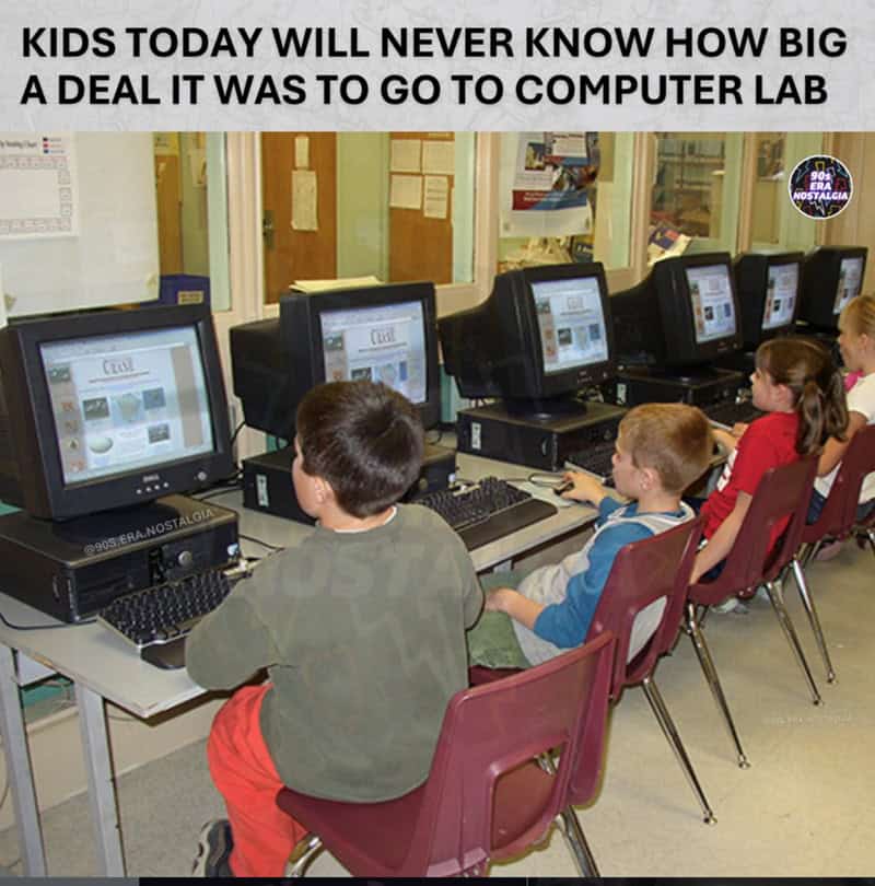 Kids in a computer lab with old desktop computers, caption about how kids today don't know how big a.