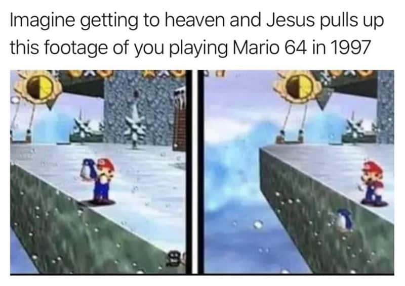 Mario playing Mario 64 in 1997, with Jesus pulling him up to heaven.