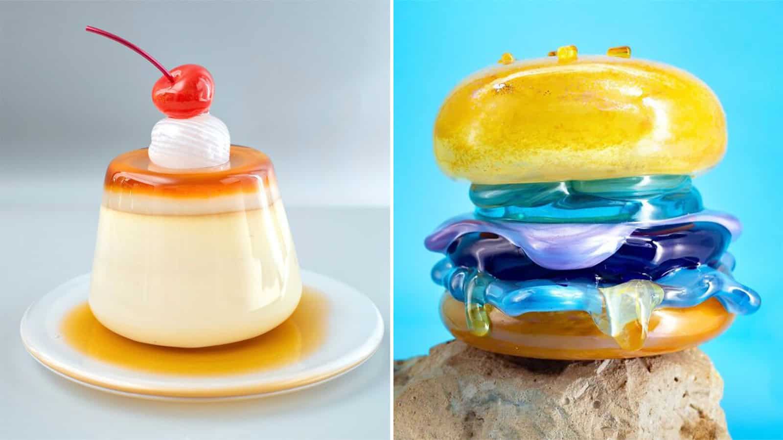 Colorful glass food sculptures by Miwa Ito, including a dessert and stacked items.