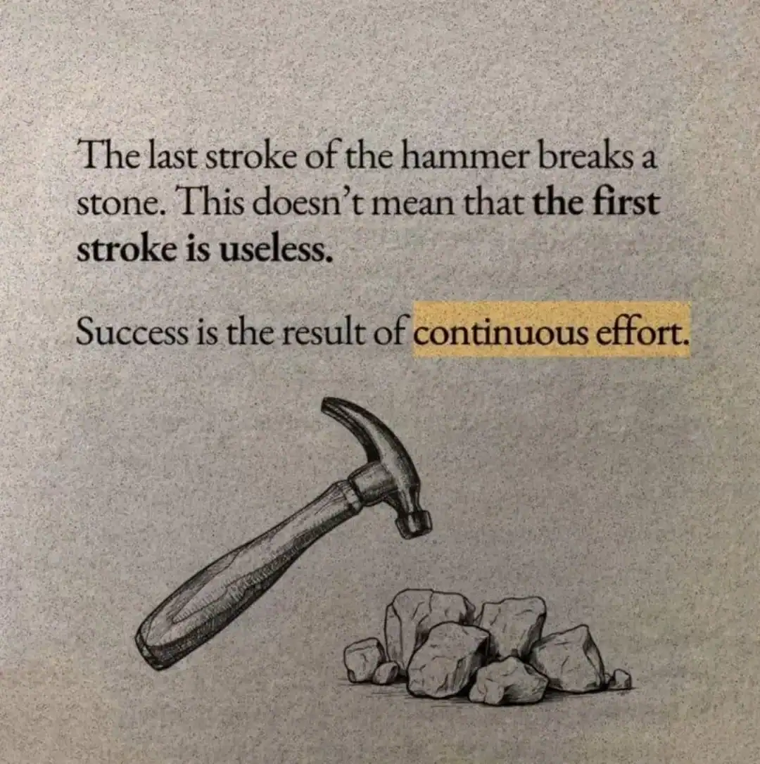 Quote about effort and success with a hammer and rocks illustration.