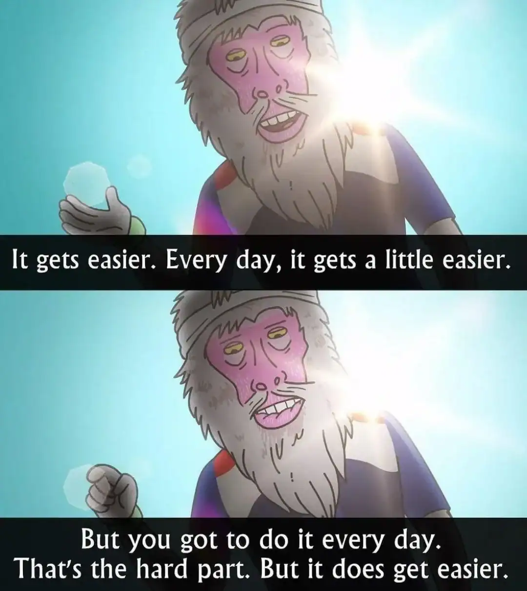 Animated elderly man with a beard smiling, with sunlight shining behind him.