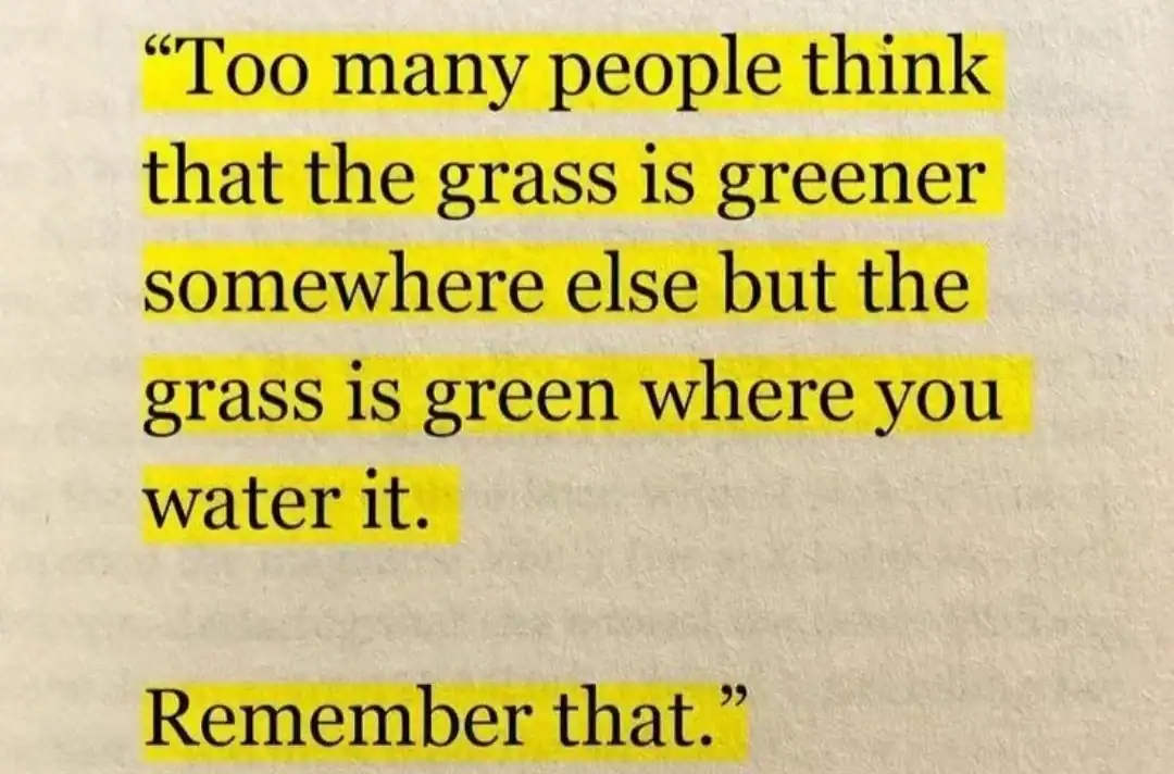 Quote about grass being greener and water, with yellow highlighting.