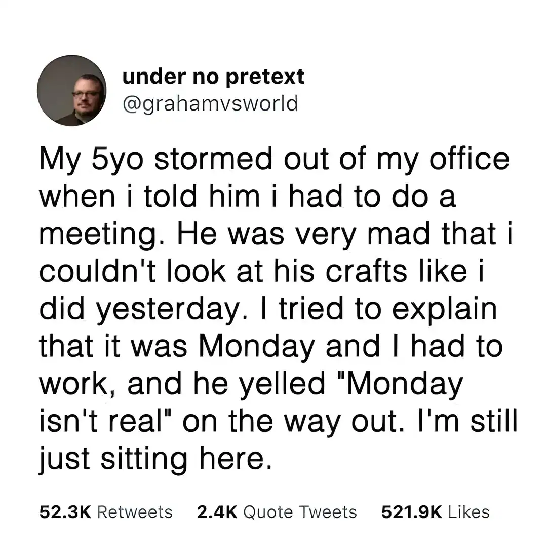 A tweet about a stressful office experience and a misunderstanding about Monday.